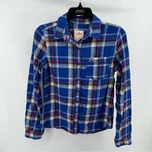Hollister Flannel Shirt Plaid Long Sleeve Button Up Casual Boys M blue white red